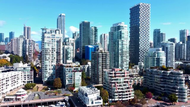 Vancouver waterfront skyline with glass towers in daytime