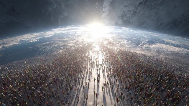 Global Journey: A vast multitude journeys towards a radiant sun rising over a celestial sphere, embodying aspirations and shared human experiences.