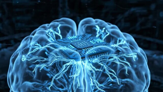 A 3D rendering depicts a blue computer chip hovering over a stylized brain model