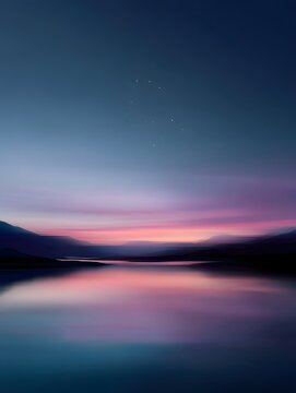 A serene twilight sky in shades of violet and blue transitions over a calm reflective lake as faint stars begin to appear