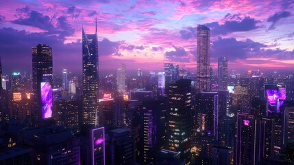 Fototapeta premium Vibrant Cityscape at Dusk with Colorful Skyscrapers and Illuminated Buildings Under a Dramatic Purple Sky