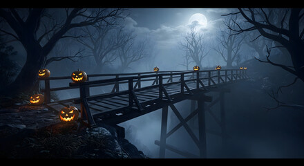 Spooky Halloween night scene: Jack-o'-lanterns on a bridge under the moonlight,Halloween bridge...