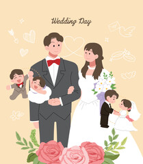 베이지 행복한 커플의 결혼식 일러스트