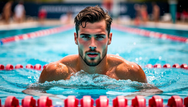 Swimmer in pool performing breaststroke with intense focus, clear blue water, red lane dividers, ideal for sports, fitness, health ads, social media, and athletic design projects.
