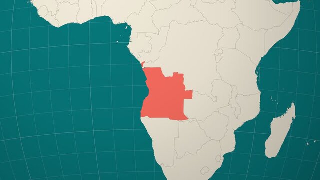 Angola map. Animated zoom into the country on the Globe in Teal Pale Mint color palette. Country logo animation. Map with meridians, parallels. Modern video.