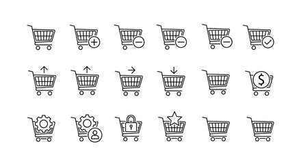 Shopping cart line icon big set. E-commerce business, online store interface elements. Add to cart, remove, checkout, buy, wishlist, secure payment, user settings.