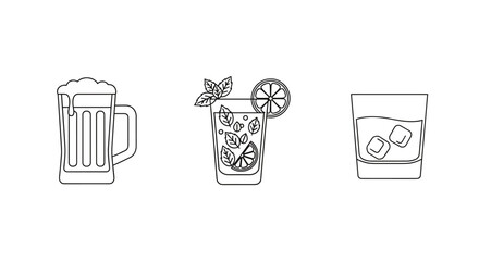 Alcoholic drinks icon set. Beer mug, Mojito cocktail, and Whiskey glass line art vector illustration. Bar menu elements. Beverage collection for pub or restaurant design.