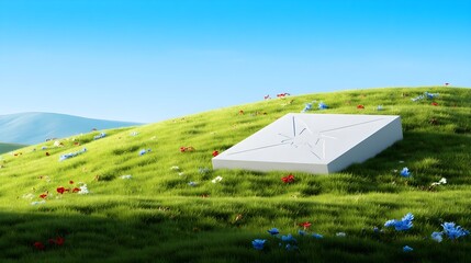 Minimalist Landscape with White Stone Star and Blooming Flowers Patriotic Commemoration Scene