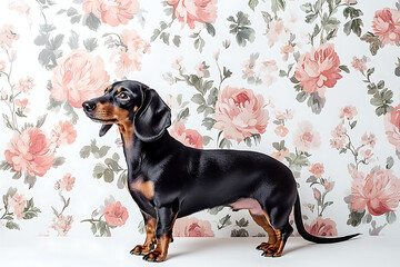 Adorable dachshund puppy with a sweet floral backdrop, perfect for pet lovers and heartwarming designs, capturing the charm of a beloved companion