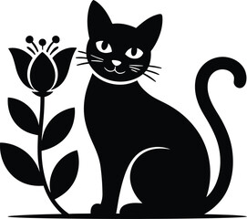 Obraz premium Elegant black cat silhouette resting peacefully near a vibrant blooming flower silhouette