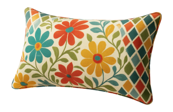 Reversible outdoor lumbar pillow with vibrant patterns, perfect for backyard swing support.