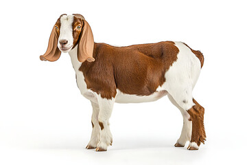 Adorable brown and white goat standing attentively, perfect for farm animal illustrations and livestock branding projects with a touch of rustic charm