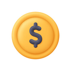 Gold coin with black dollar symbol. Finance, banking, business, investment, money, wealth, profit and savings concept. 3d vector icon. Cartoon minimal style.