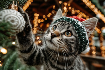 Obraz premium An energetic kitten playing with tree ornament in Santa hat