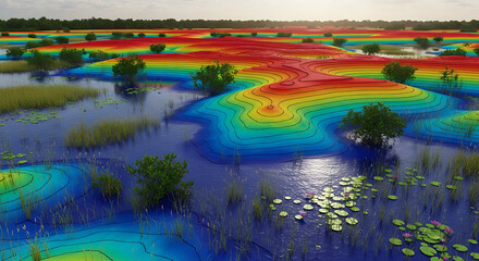 A surreal digital landscape blending a natural wetland with a vibrant topographic map visualization for environmental analysis