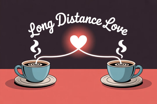 Long distance love concept with heart on phone screen, two steaming coffee cups on tables, romantic relationship illustration for social media