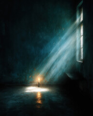 Single candle illuminates dark, empty room with window casting light beams. atmosphere is mysterious and serene