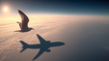 Surreal scene of a bird flying high above the clouds alongside the shadow of an airplane during a peaceful sunrise, symbolizing freedom, travel, and harmony  