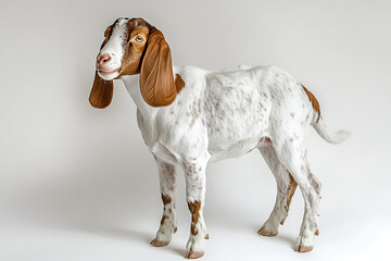 Adorable young goat standing alert, perfect for farm animal illustrations, veterinary clinics, and children's education about rural life and livestock