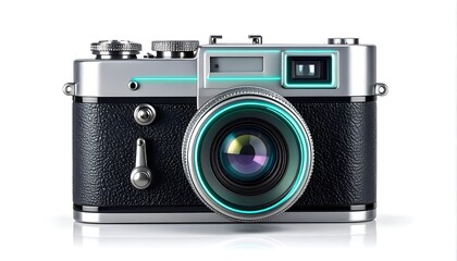Futuristic Retro Camera with Neon Glow and Detailed Lens Reflection