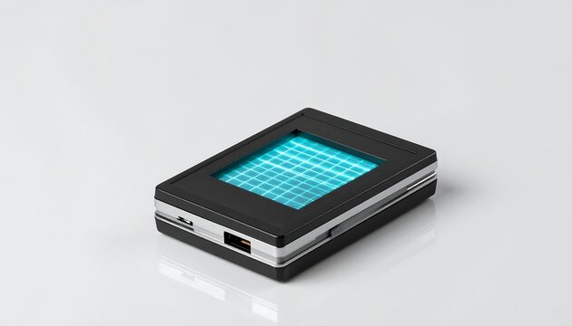 Futuristic Black Portable Device with Vivid Blue Grid Screen and Metallic Accents on Clean White Surface - Powered by Adobe