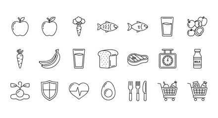 Healthy food, nutrition and diet icon set. Line art icons for grocery shopping, balanced meal, healthy lifestyle and wellness. Vector symbols of fruit, vegetable, fish, meat, and milk.