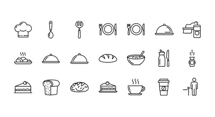 Set of minimalistic restaurant and food icons including chef hat, utensils, plates, covered dish, bread, soup, cake, coffee cup, takeaway coffee, and dining concept outline symbols