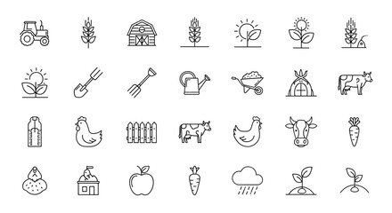Farm and agriculture vector icons set with tractor, barn, crops, animals, tools, plants growth, gardening, rain, and fresh produce elements for farming and rural lifestyle concepts