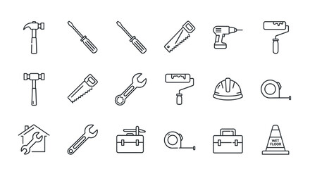 Construction and Repair Tools Set. Hammer, Screwdriver, Saw, Drill, Paint Roller, Wrench, Tape Measure, Safety Helmet, Toolbox, Home Repair and Maintenance Vector Icons Collection
