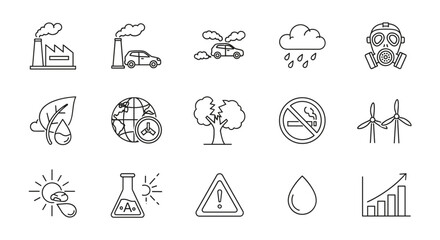 Environment pollution and green energy linear icons set. Factory smoke, car exhaust, acid rain, gas mask, wind turbine. Climate change, global warming, ecology vector symbols.