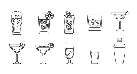 Set of alcohol drinks and cocktails line icons. Vector symbols for bar menu. Beer, martini, margarita, mojito, champagne, whiskey, shot glass, and shaker illustration.