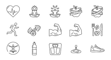 Health and fitness line icon set. Healthy lifestyle, sport, exercise, gym, yoga, and diet concept. Cardio, weight loss, nutrition, and muscle training vector symbols collection.