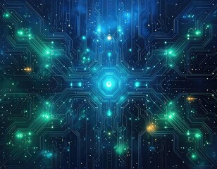 Intricate circuit board design is depicted in a digital abstract rendering, showcasing lines and nodes with illuminating green and blue highlights, suggesting complex data processing and network...