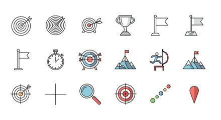 Goal achievement icon set. Business success and strategy vector symbols. Target, objective, aim, mission concepts. Line icons of dartboard, trophy, flag, mountain peak.