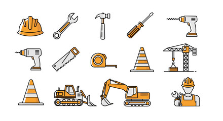 Construction tools and equipment vector icons set, safety helmet, wrench, hammer, screwdriver, electric drill, saw, tape measure, traffic cones, crane, bulldozer, excavator, worker with tools concept
