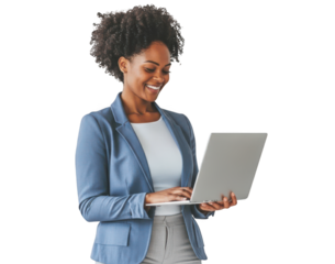 Confident Professional Woman in Blue Suit Using Laptop Isolated on White Background