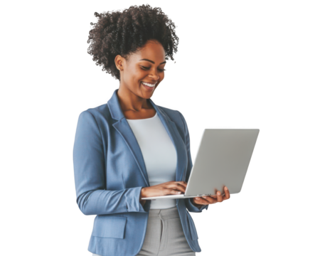 Confident Professional Woman in Blue Suit Using Laptop Isolated on White Background