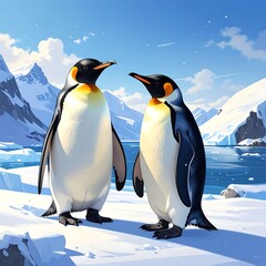 Obraz premium Two penguins on snowy landscape