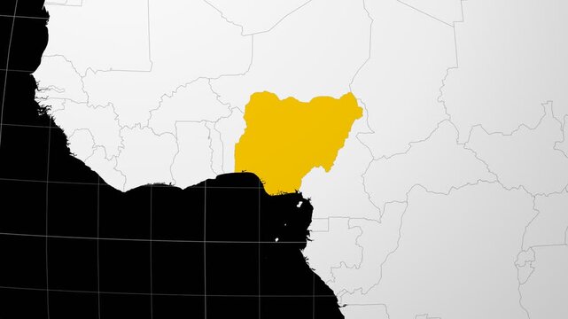 Nigeria map. Animated zoom into the country on the Globe in Black White color palette. Country logo animation. Map with meridians, parallels. Modern video.