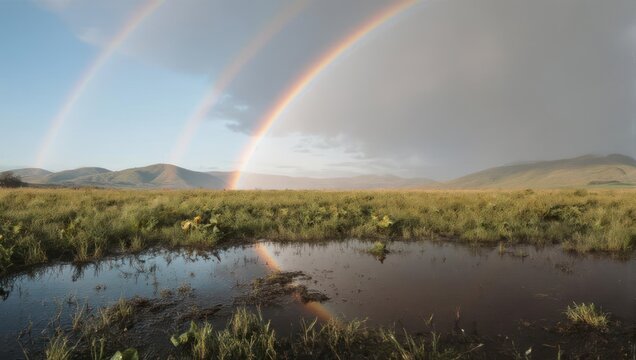 A double rainbow arches over a grassy field and still pond with mountains in the distance
