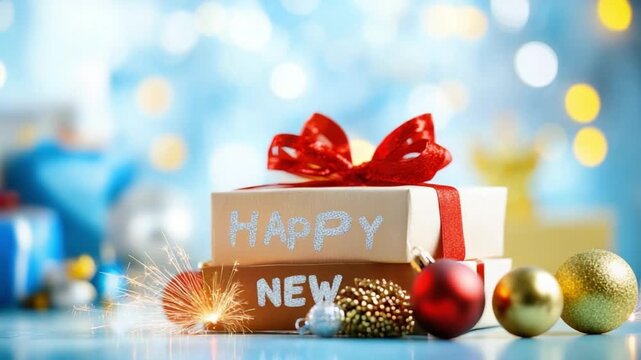 Holiday Cheer and Gift: A festive holiday scene featuring a stack of gift boxes with a big red ribbon, surrounded by ornaments and festive lights, creating a sense of warmth and celebration. 