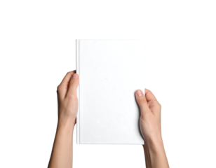 Hands holding a blank white book isolated on transparent background new png