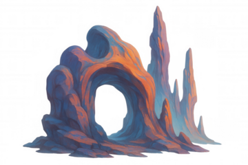Abstract rock formation with an arch featuring vibrant orange and blue colors, creating a surreal fantasy landscape element