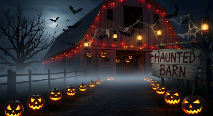 Spooky haunted barn on a misty Halloween night with carved pumpkins and bats, An eerie Halloween barn with glowing pumpkins, bats, and fog under a moonlit sky