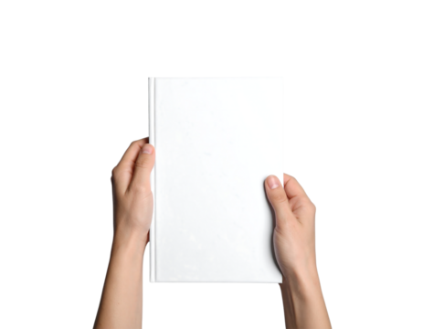 Hands holding a blank white book isolated on transparent background new png