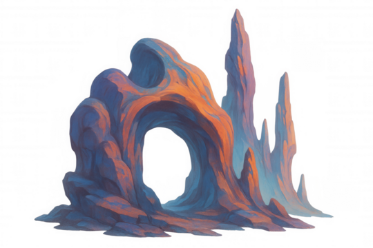 Abstract rock formation with an arch featuring vibrant orange and blue colors, creating a surreal fantasy landscape element