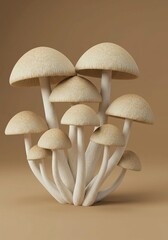 Close-up studio shot of beige and cream mushrooms — detailed natural cluster on warm background, realistic macro composition.