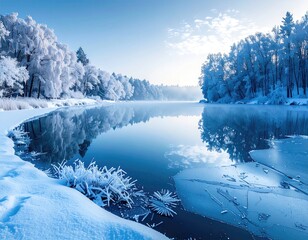 Peaceful winter scene shows frosted trees and snow-covered banks mirroring in a calm, blue lake under a clear, bright sky with a hint of sunlight, conveying a sense of tranquility and cold weather.