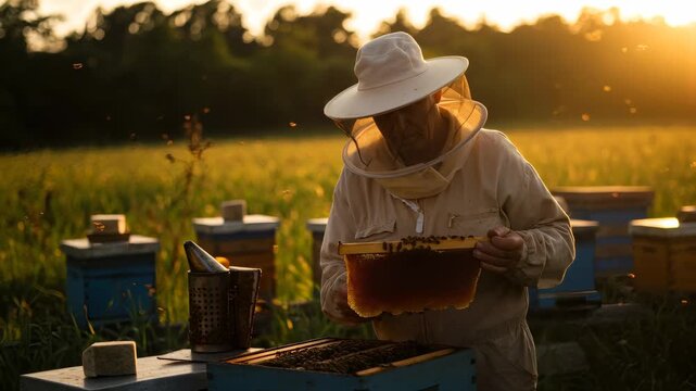 Male beekeeper inspecting honeycomb frames at sunset. Farmer working with honey bees in an apiary with beehives. Agriculture footage.