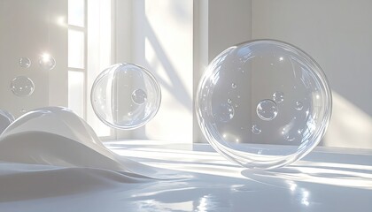 Transparent, luminous spheres and amorphous forms populate a bright, minimalist interior, bathed in soft, natural light from a large window, creating a serene and airy composition.